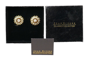 Joan Rivers Gold Tone Faux Gray Pearl Flower Rhinestone Clip On Earrings