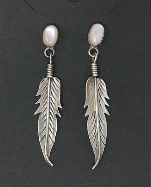 Sterling Silver Pink Mother of Pearl Feather Dangle Earrings