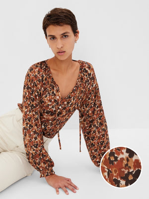 Gap Brown Floral Button-Front Tie Long Sleeve Top Size XS NWT