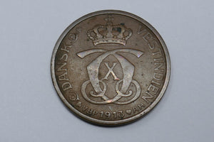 Danish West Indies 1913 Christian X 1 Cent/5 Bits Bronze Coin LOW MINTAGE