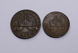 German East Africa 1912 J 1 Heller 1906 J ½ Heller Wilhelm II Bronze Coins