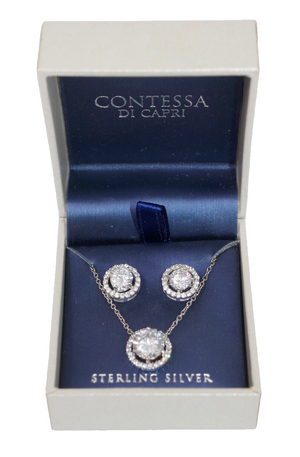 Contessa Di Capri Sterling Silver Cubic Zirconia Earrings & Necklace Set