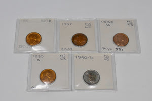 U.S Mint 1936 1937-P 1938-D 1939-S 1940-D Lincoln Wheat Ear 1 Cent Penny Coins