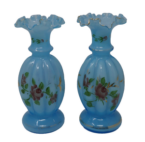 Fenton Melon Hand Painted Floral Blue Glass Vases Gold Trim