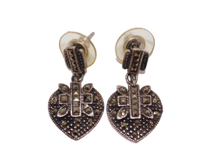 925 Sterling Silver & Marcasite Heart Dangle Earrings