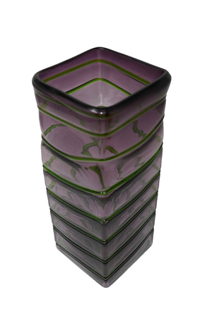 Murano Style Amethyst Purple w/Emerald Green Wrap Around Square Vase