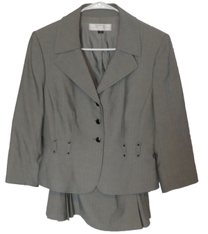 Tahari Arthur S Levine Gray Stripe Blazer & Semi Pleated Skirt Suit Size 10P
