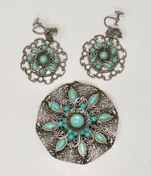 Silver Tone Faux Turquoise Filigree Screw Back Earrings & Pendant