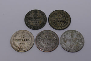 Russia 1901 1903 1906 1909 1910 Nicholas II Silver 10 kopek Coins