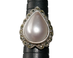 Sterling Silver 925 Tear Drop Faux Pearl Marcasite Ring Size 6.5