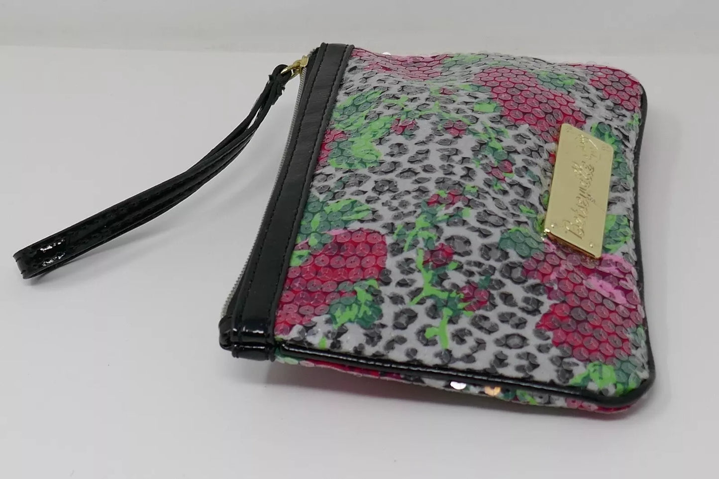 Betsey Johnson Betseyville Wristlet Sequin Cheetah Blossom Bag