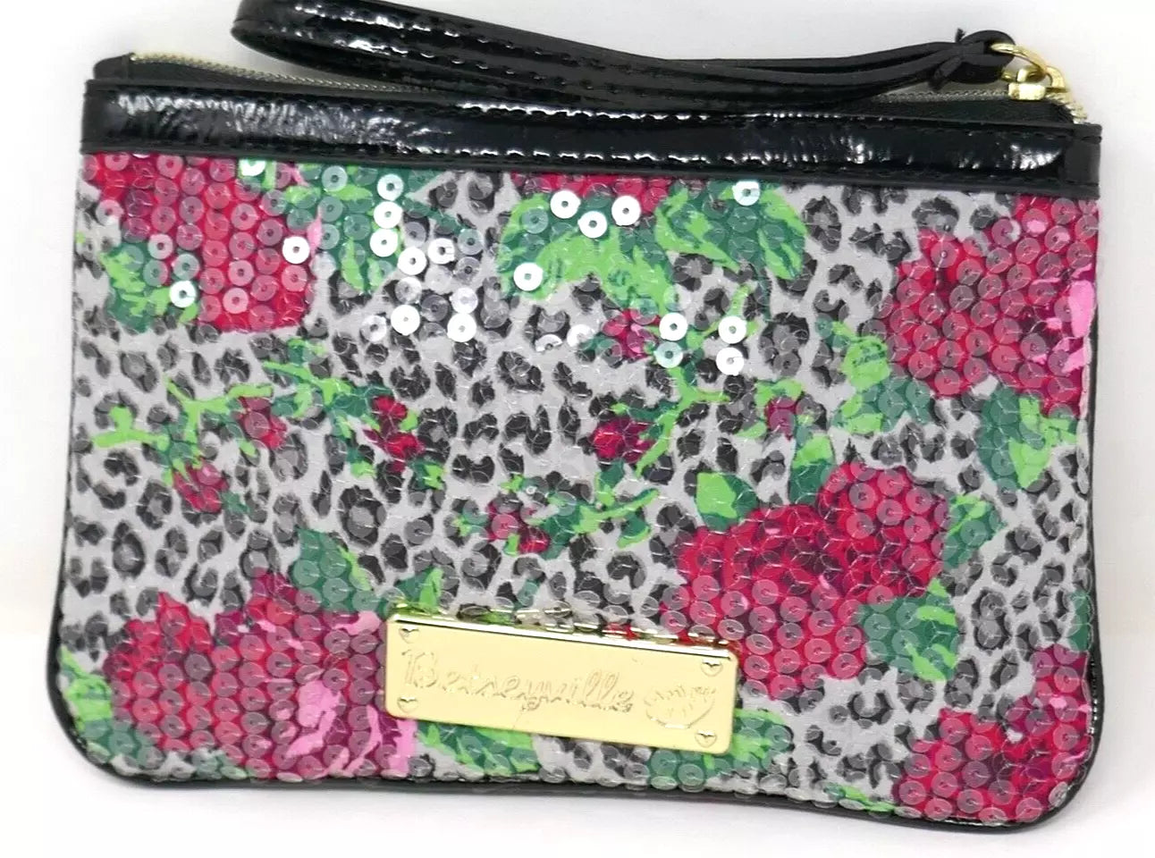 Betsey Johnson Betseyville Wristlet Sequin Cheetah Blossom Bag