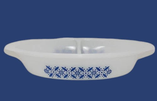 Glasbake Oval Milk Glass Divided Blue Daisy Flower Casserole Dish J239